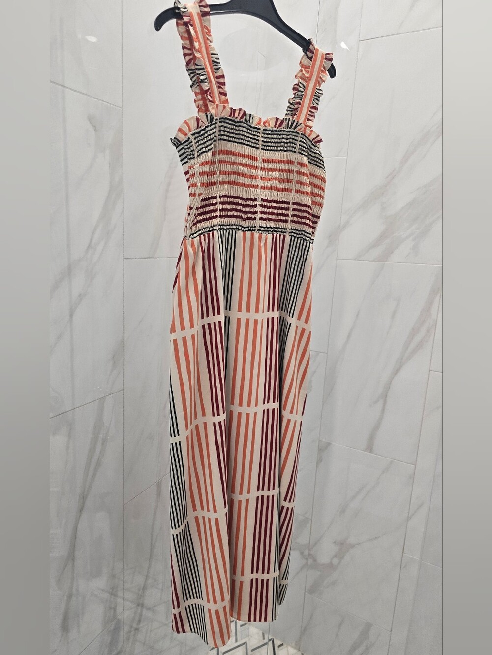 Donna Morgan Striped Midi SunDress in Peach, Black& Burgundy, Smock, straps. S:4